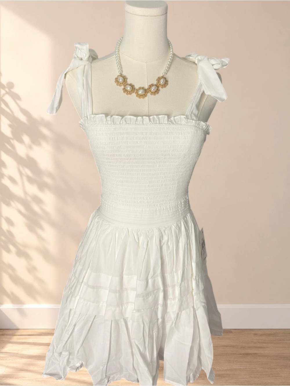 B Darlin White Tie-Shoulder Smocked Tiered Mini Dress